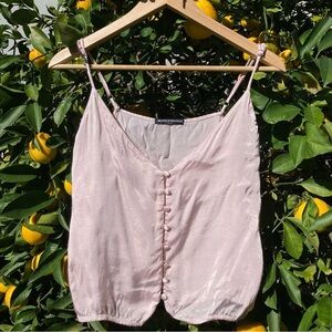 Brandy Melville Silky Baby Pink Button Up Griffin Spaghetti Strap Crop Cami OS